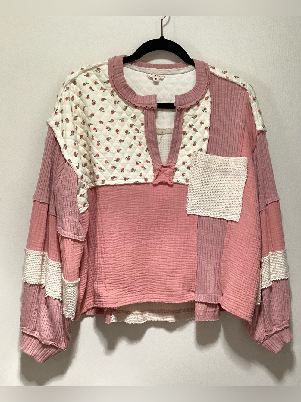 POL Oversized Patchwork Shirt in Dusty Pink and Cream - Picture 6 of 6